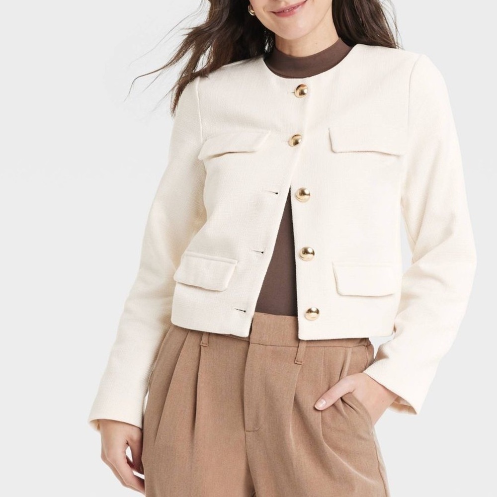 a new day Cream Cropped Boxy Blazer with Gold Buttons